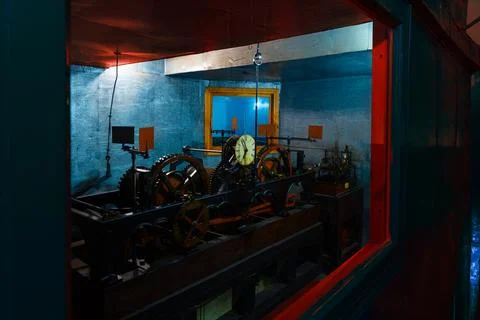 Clockwork hall town clock time cabin mechanism industry Victorian style time Stock Photos