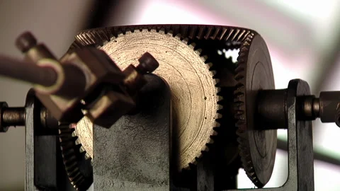Clockwork Mechanism Inside Old Clock Tower Being Maintained by Worker - 4K Stock Footage 341582807