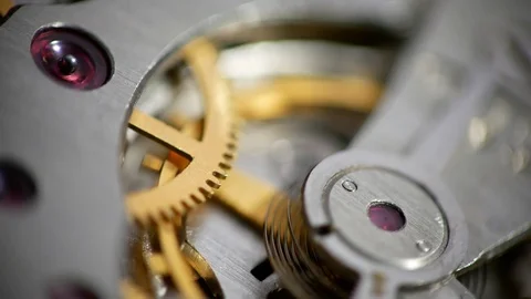 Clockwork Mechanism Works with Spring and Metal Cogs. Video stock 122338890
