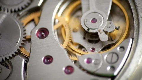 Clockwork Mechanism Works with Spring and Metal Cogs. Video stock 122338906