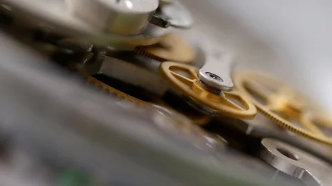 Clockwork Mechanism Works with Spring and Metal Cogs. Video stock 122339343