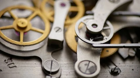 Clockwork Mechanism Works with Spring and Metal Cogs in operation macro gear  Video stock 122339546