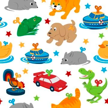 Clockwork toys with key vector seamless pattern. Mechanic toys for baby with Ilustração Stock