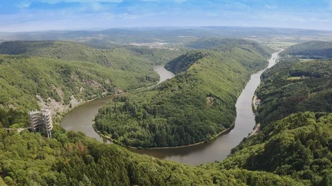 Cloef view point with the Treetop walk and Saar river Stock Footage 124127717