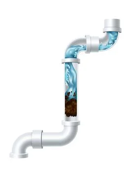 Clogged pipe drain and cleanser bottle. Canalization tube with water splash Stock Illustration