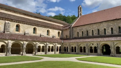 The cloister of Fontenay Abbey, UNESCO World Heritage Site, France, 4K Stock Footage