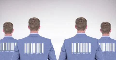 Clone men in group with barcodes on backs 스톡 사진