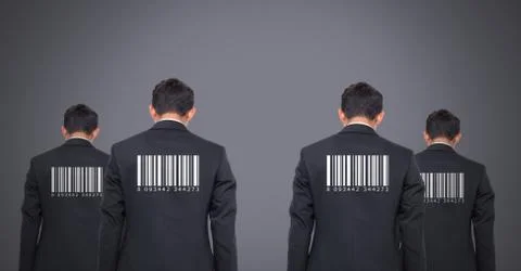 Clone men in group with barcodes on backs Stock Photos