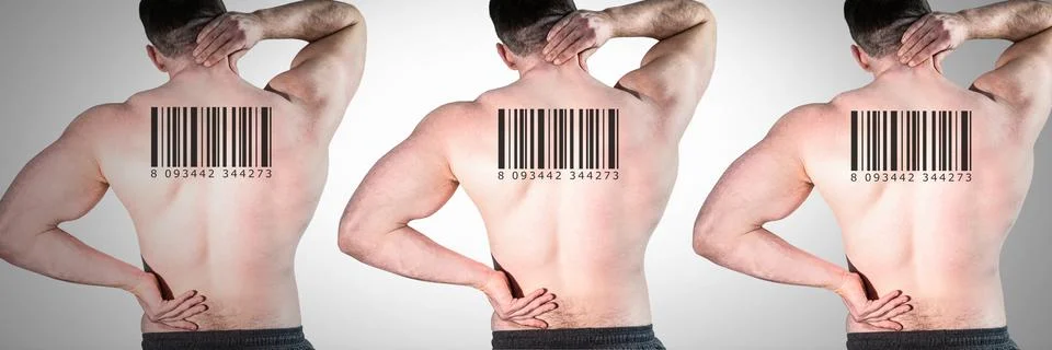 Clone men in row with barcodes on backs 스톡 사진