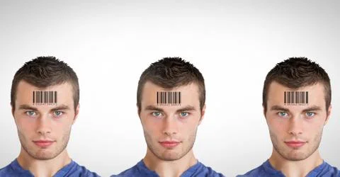 Clone men in row with barcodes 스톡 사진