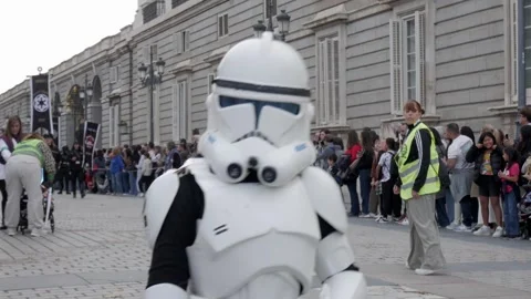 Clone trooper walking during 501st Legion Star Wars parade Royal Palace Madrid Stock Footage 321746016