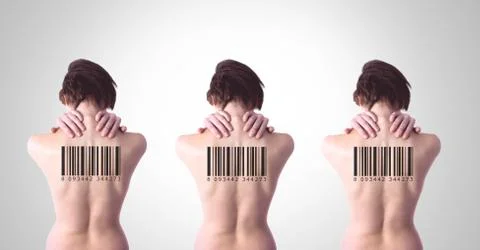 Clone women in row with barcodes on backs 스톡 사진