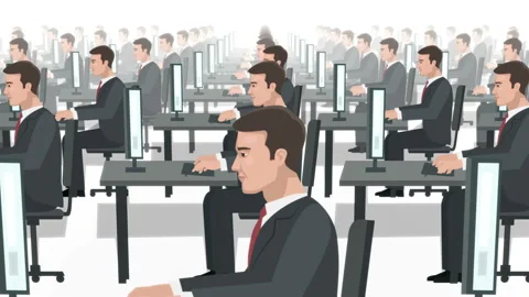 Cloned men characters work at the computer. Futuristic concept animation Stock Footage 120638055