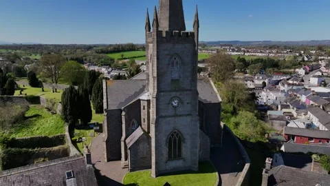 Clones Town, County Monaghan, Ireland, April 2023. Drone orbits clockwise Stock Footage 281993514