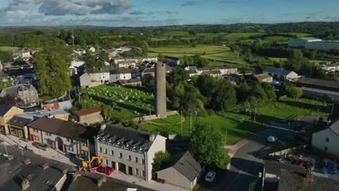 Clones Town, County Monaghan, Ireland, April 2023. Drone orbits counter Stock Footage 281996996