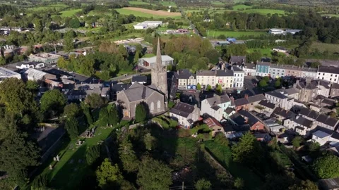 Clones Town, County Monaghan, Ireland, April 2023. Drone orbits St Stock Footage 281997932