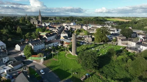 Clones Town, County Monaghan, Ireland, April 2023. Drone pulls backward Stock Footage 281998635