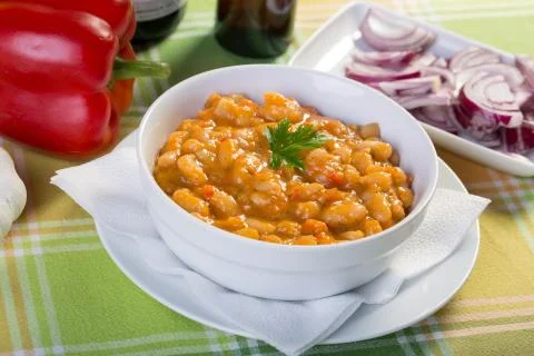 Clopse up of cooked beans with ingredients Stock Photos