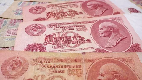 Close-up of 10 old Soviet ruble banknotes (1961–1993) with a sliding motion. Stock Footage 301548693