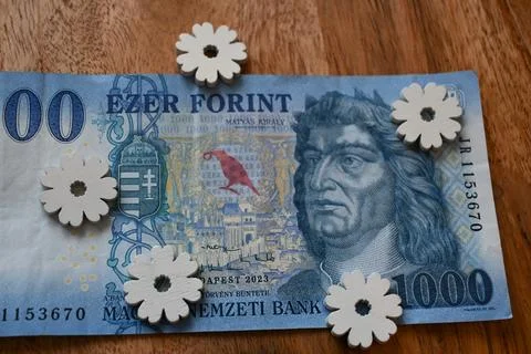 Close-up of a 1000 forint banknote on a table decorated with spring flowers, sym Fotos Stock