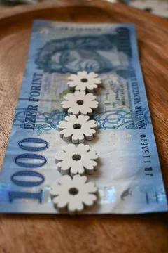 Close-up of a 1000 forint banknote on a table decorated with spring flowers, sym Stockfoto's