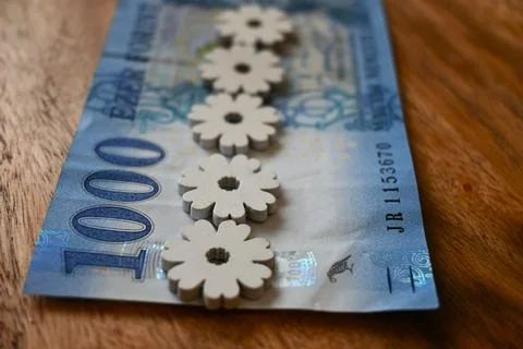 Close-up of a 1000 forint banknote on a table decorated with spring flowers, sym Stockfoto's