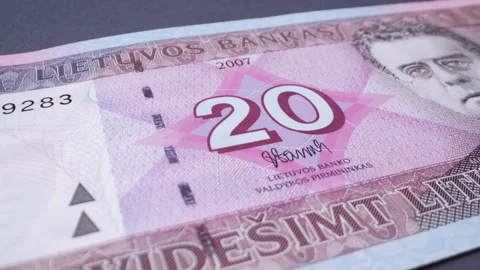 A close-up of a 20 Litas banknote, Lithuania currency (1993–2014). Stock Footage 301402205