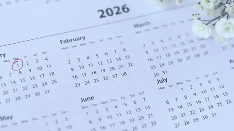 Close up of a 2026 calendar, January first marked new year date Stock Footage 325434574