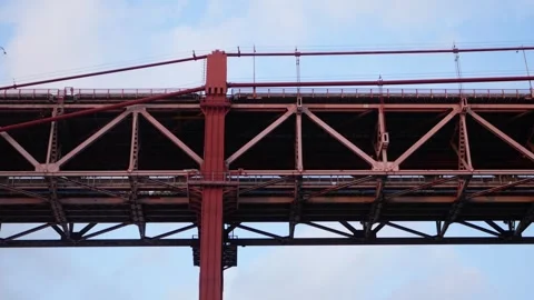 Close-up of the 25 de Abril Bridge structure with a passing train Stock Footage 310677274