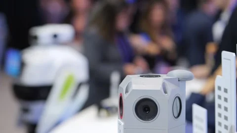 Close-up of 360-degree camera at tech trade show Stock Footage 345018929