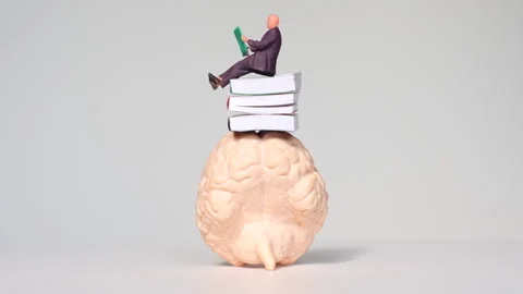 Close-Up 360-Degree Video of Brain Model with Books and Businessman Figurine Stock Footage 286857810