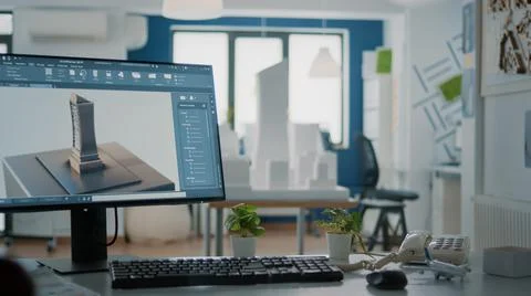 Close up of 3d building model on computer screen in empty office for Fotos de archivo
