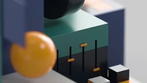 Close-up of 3d cubes,ball.Abstract micro data flow with pie chart, cubes.3d Stock Footage 204991894