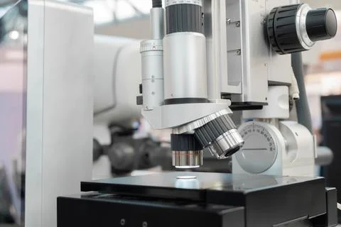 Close up: 3D digital video microscope at laboratory - quality control Stock Photos
