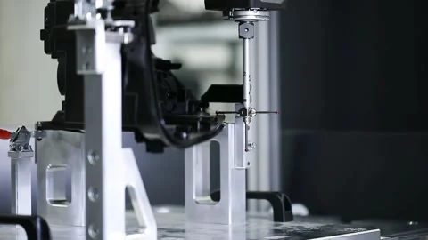 Close up of 3D dimension measurement plastic parts by CMM, 3D automatic Stock Footage 143134060