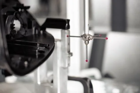 Close up of 3D dimension measurement plastic parts by CMM, 3D automatic Fotos Stock