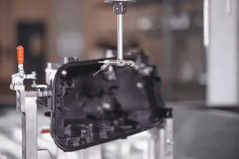 Close up of 3D dimension measurement plastic parts by CMM, 3D automatic 库存照片