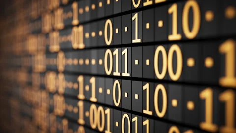 Close-up 3D loop of glowing binary code on a dark grid. Stock Footage 341888538