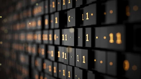 Close-up 3D loop of glowing binary digits on black blocks. 動画素材 344169681