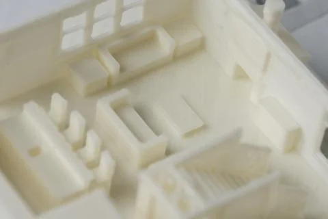Close-up of 3D model of the house first floor with furniture printed on a 3D Stock Photos