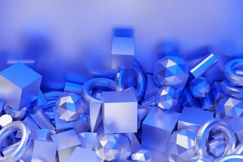 Close-up 3d monochrome illustration. Different geometric shapes: cube, tetrah Illustrazione stock