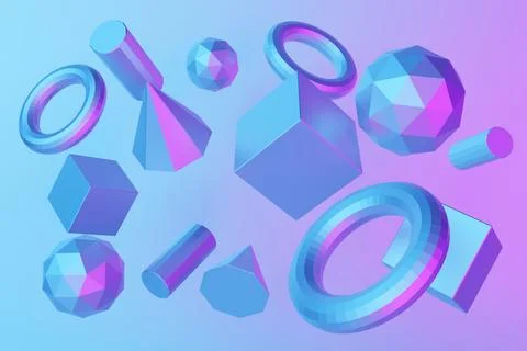 Close-up 3d monochrome illustration. Different geometric shapes: cube, tetrah Illustrazione stock