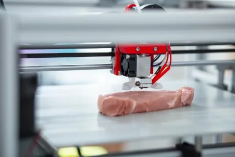 Close up of 3D printer recreating piece of meat Stock Photos