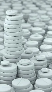 Close-up 3D render of a large pile of white pharmaceutical tablets with a s.. Illustrazione stock