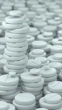 Close-up 3D render of a large pile of white pharmaceutical tablets with a s.. Stock Illustration