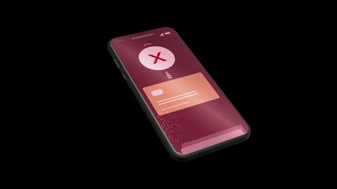 Close-up 3D render of a mobile phone displaying a payment failure icon, Stock Footage 328703900