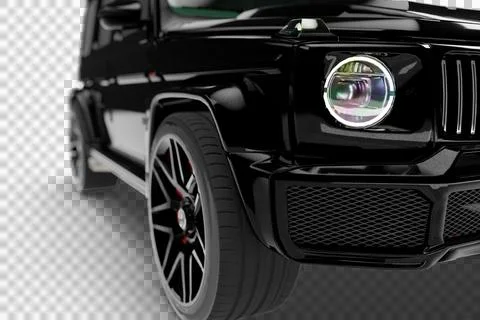 Close Up 3D Render of Right Headlight on Black Modern SUV with Diagonal Desig Stock Illustration