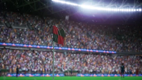 Close up of 3D rendered corner flag covered in snow on soccer stadium pitch Stock Footage 335466871