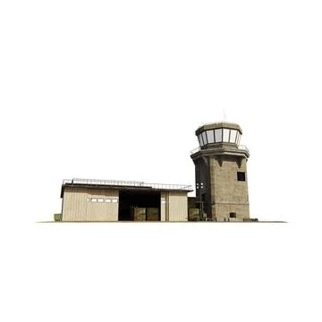 Close-up of a 3D rendered scale model of a watch tower with a logo and green cra Stock Illustration