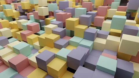 Close up 3D rendering 8K wallpaper background of retro-colored shuffled cubes Stock Illustration